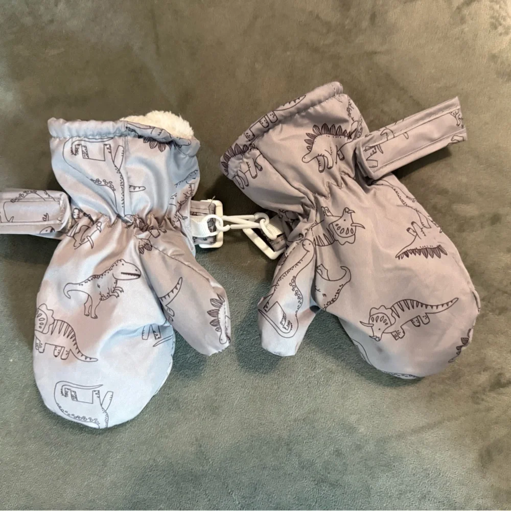 Gray Dinosaur Print Mittens